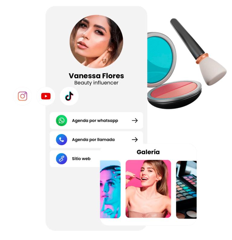 Perfil digital de Vanessa Flores, beauty influencer, con enlaces a redes y galería en GoConWork