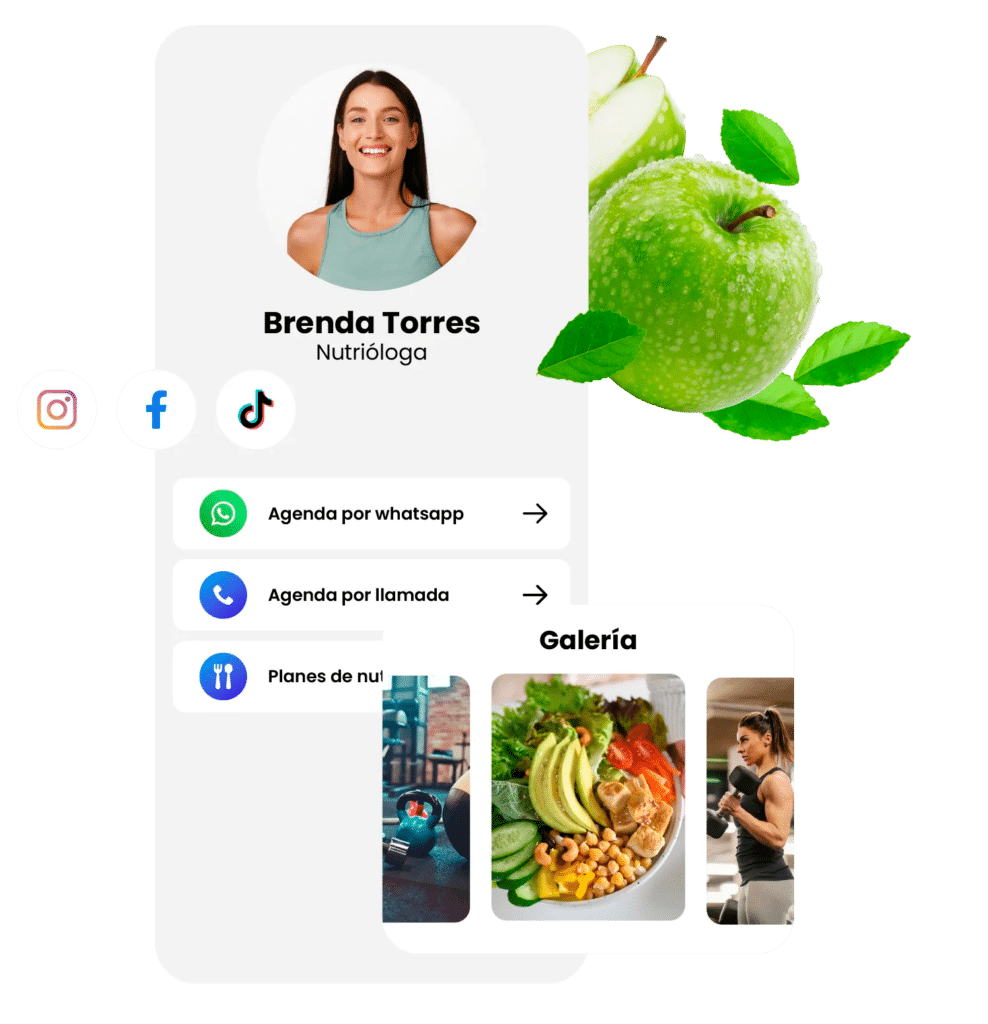 Perfil digital de Brenda Torres, nutrióloga, con opciones de contacto en GoConWork